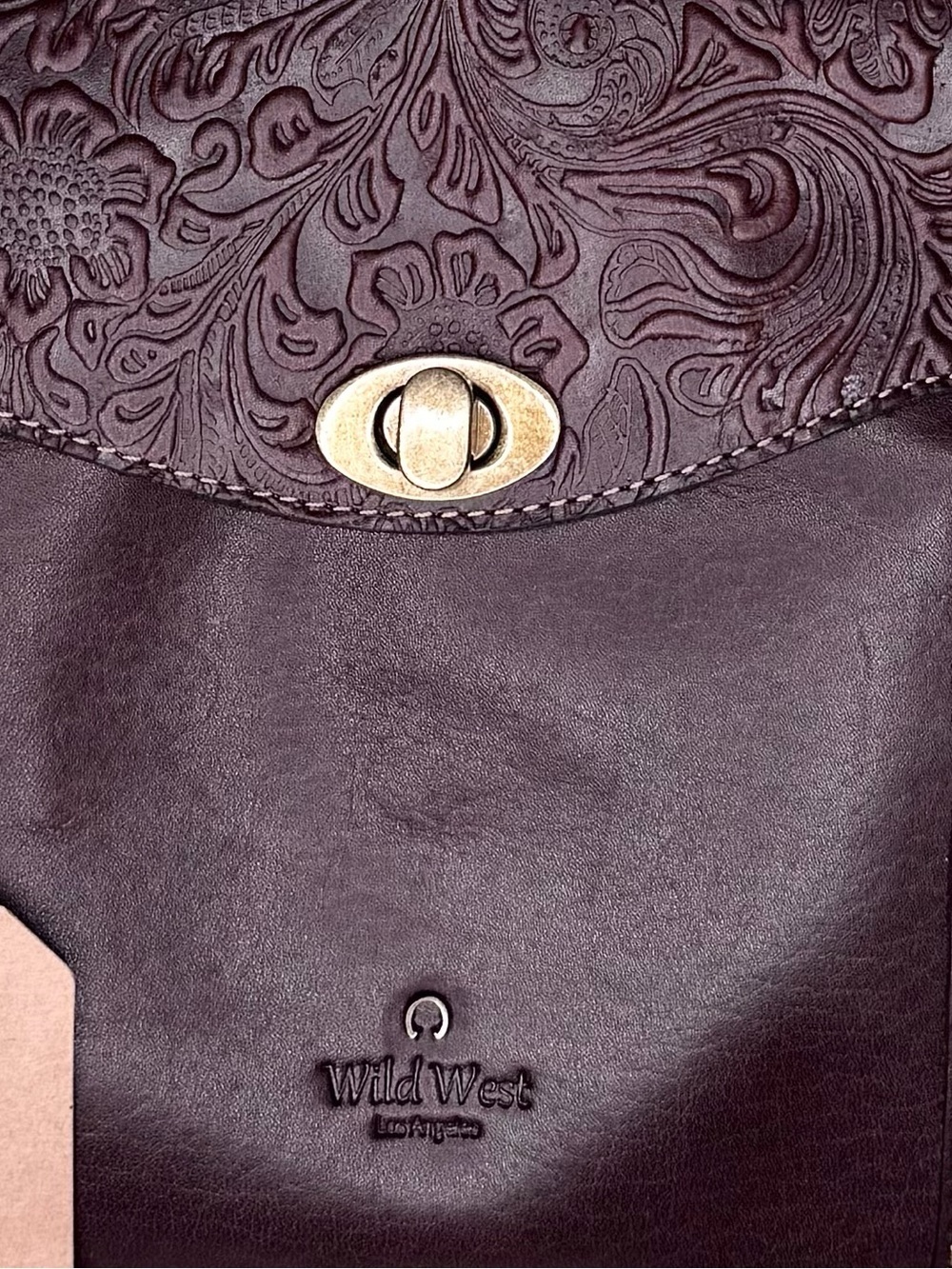 Wild West Dark cherry brown Hand tooled floral leather,turn lock,gold,plaid - Picture 11 of 12